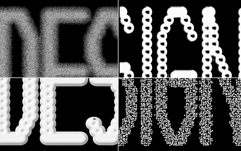 2026_still_lp.png Vierteilige typografische Vergleichstafel mit grossformatigen Buchstaben auf schwarzem Grund. Die vier Bereiche zeigen unterschiedliche Darstellungen in grauem Rauschen, weissen Konturen, abgerundeten Formen und Punktmustern und veranschaulichen damit kontrastierende Texturen und Konturen.