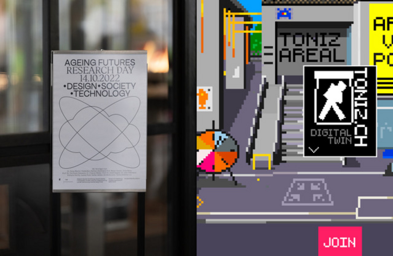 Links: Research Day «Ageing Futures», Fotografie David Jäggi / Rechts: Toniz – Play, a suberversive version of the Toni Areal, FR Game Design