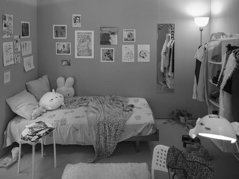 EMERGING BUTTERFLY  2024 Installation, Bedroom furnitures and various objects; (bed, table, shelf, stool, drawings, paintings, fake nails etc…) 3 x 3 m
