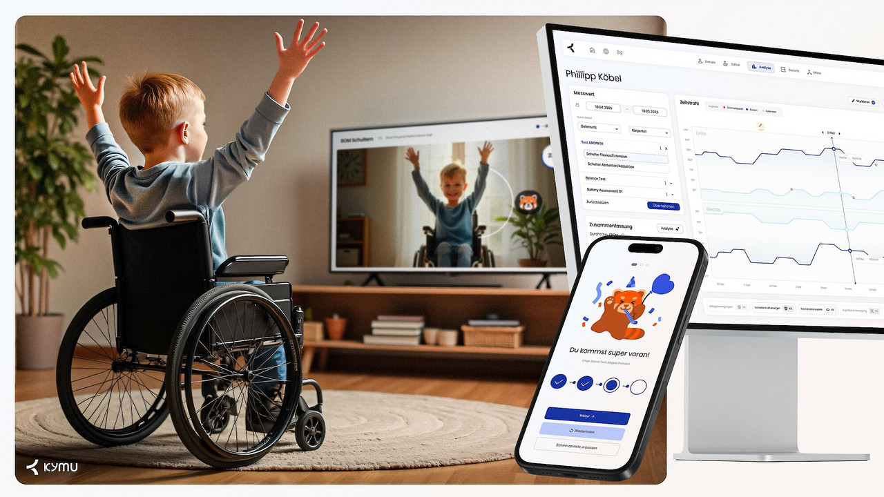 Ein Kind im Rollstuhl sieht sich im Fernsehbildschirm und hebt die Hände. Rechts im Bild ein Computerbildschirm mit Patientendaten und ein Smartphone-Screen mit einem lachenden Waschbären. © ZHdK.