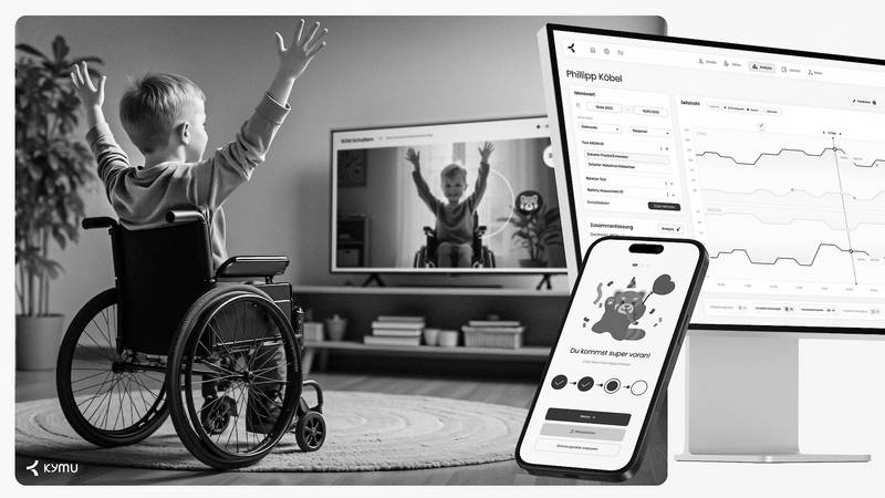 Ein Kind im Rollstuhl sieht sich im Fernsehbildschirm und hebt die Hände. Rechts im Bild ein Computerbildschirm mit Patientendaten und ein Smartphone-Screen mit einem lachenden Waschbären. © ZHdK.