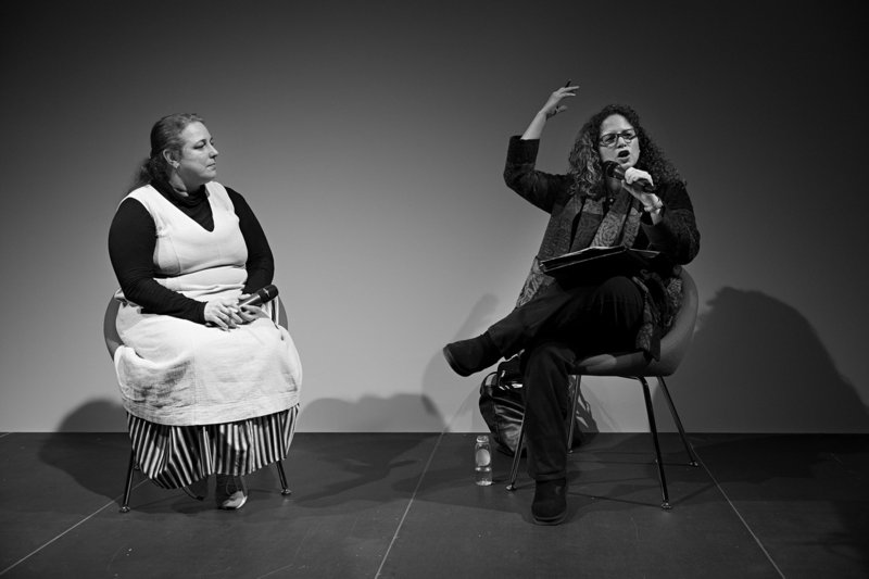 The Special Rapporteur of the UN Human Rights Council, Karima Bennoune, (right) in discussion with artist Tania Bruguera. (Photo: Evan Ruetsch)