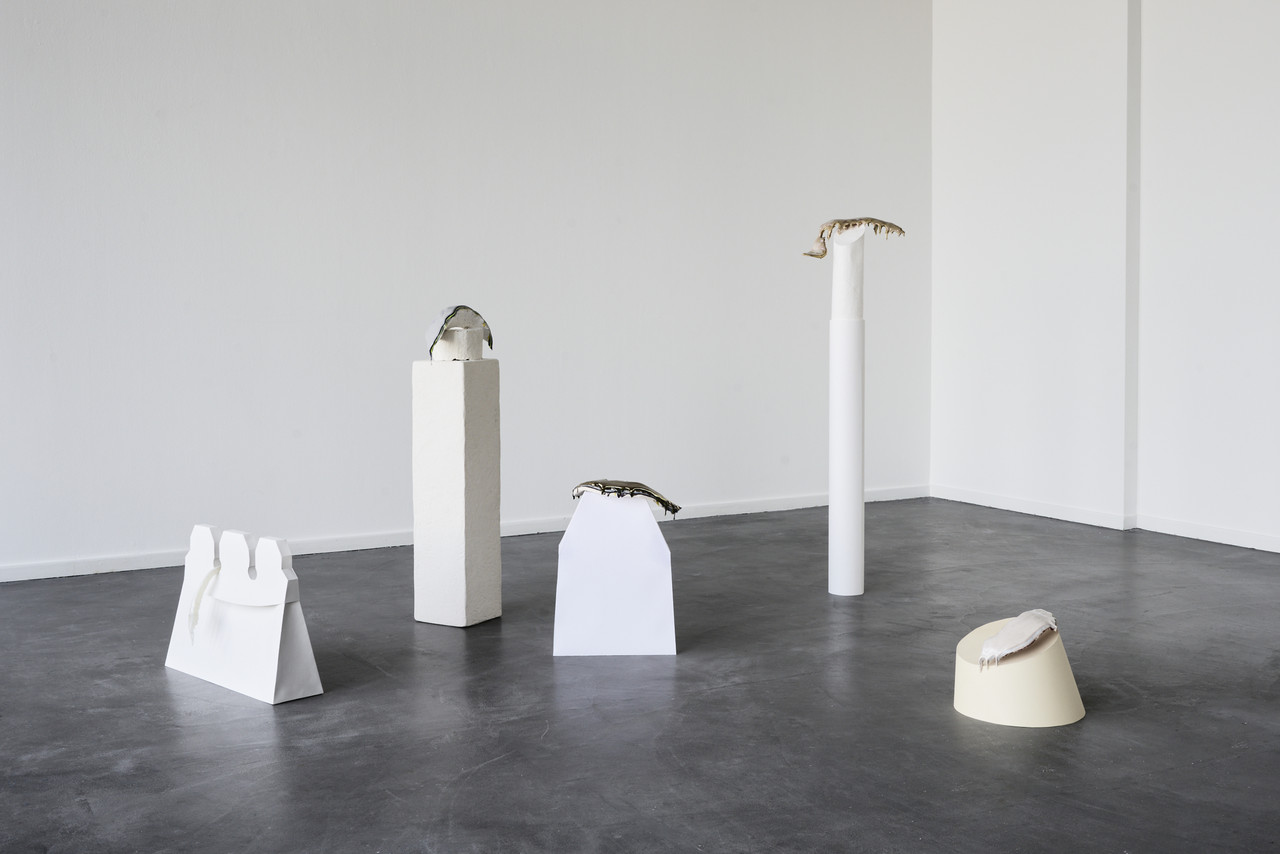 SET OF 5  MATTIFYING 2025 Epoxidharz, Pigmente, Lessebo smooth white 150 g/m², Acrylfarbe 42 x 57 x 26 cm  LOOSE POWDER 2025 Epoxidharz, Pigmente, Styropor, Oeco Swiss classic Toilettenpapier 18 g/m² off-white geschliffen, translucent loose setting powder 103 x 33 x 20 cm  NOURISH 2025 Epoxidharz, Pigmente, Keramik, Lessebo rough bright 200 g/m², body spray 51 x 36 x 22 cm  WHATSAPP WALLPAPER 2025 Epoxidharz, Pigmente, Strathmore Pastellpapier white 216 g/m², Fabriano Rosaspina natural 220 g/m² geprägt 133 x 36 x 12 cm  MOTHER OF PEARL 2025 Epoxidharz, Pigmente, Schmincke Sansfix Pastellpapier 300 g/m² ivory, pearl finish 23 x 34 x 34 cm