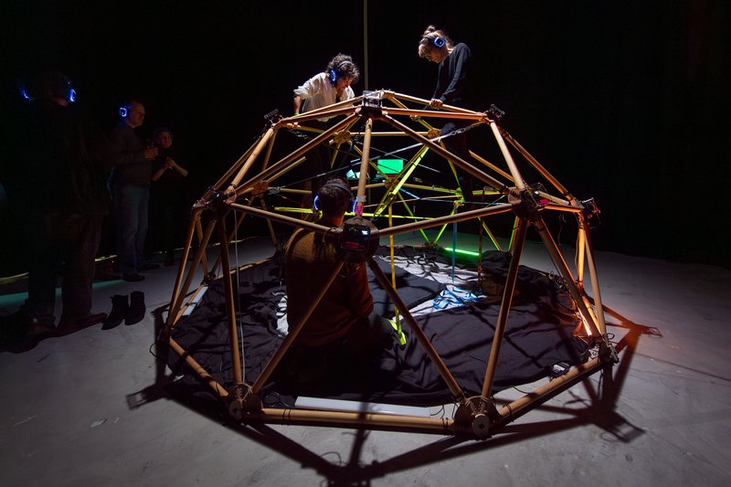 20 YEARS ICST Exhibition: NEXUS, an interactiv sound-mixing installation. Team: HannaH Vyborg Walter (Worlding Mycelium, ZHdK), Eric Larrieux (ZHdK), Robert Torche (Worlding Mycelium), Patrick Müller (ZHdK). Photo: Guillaume Musset