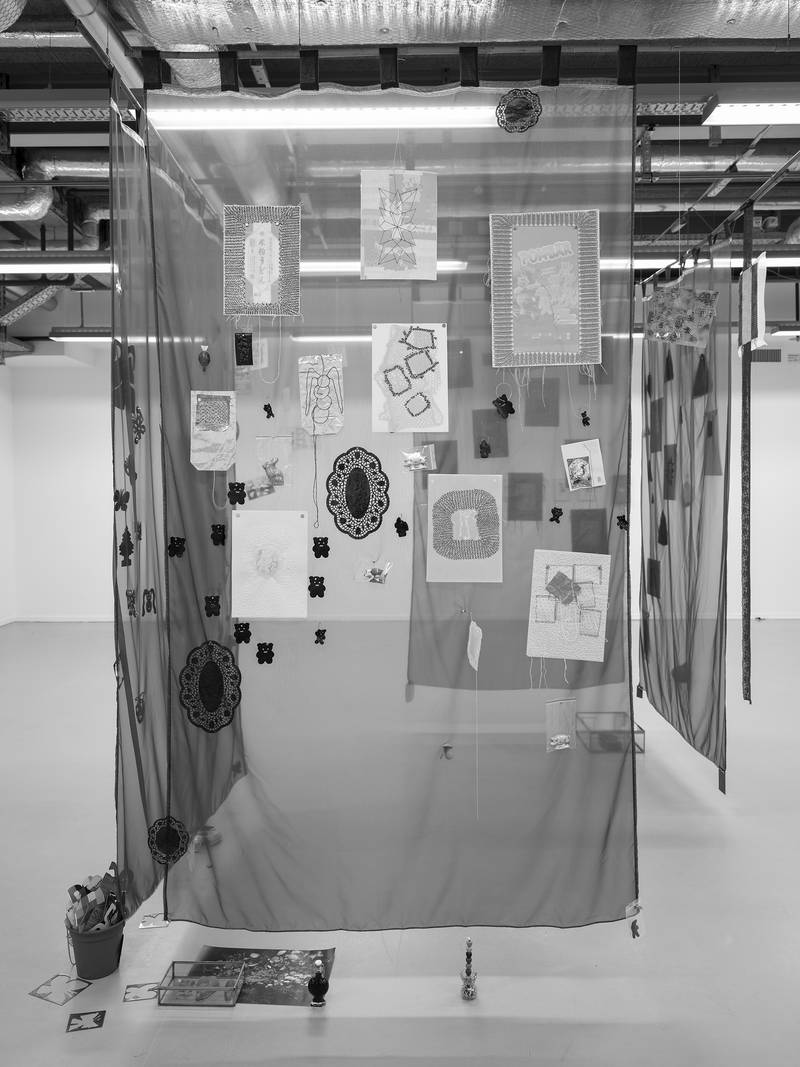 RABBONIA 2024 Installation, Mixed Media, Urushi (Chinese lacquer), recycled flyers, vegetable paper, thread, needles, copper, textile, curtain, cotton nets, candyÕs papers, green aventurine beads, magnets, freshwater pearls, etc. Dimensions variable