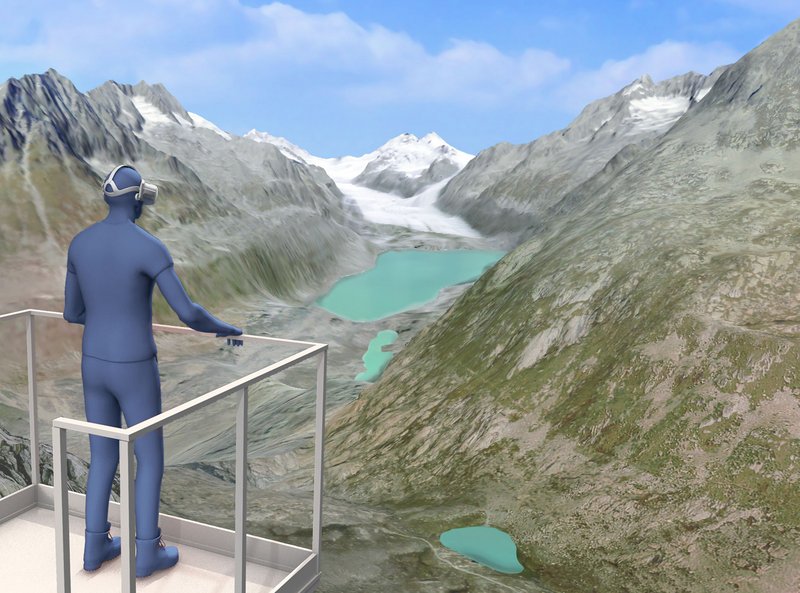 Klimawandel in Virtual Reality: Besucherinnen und Besucher können im Forschungsprojekt "Expedition 2 Grad" virtuelle Szenarien der künftigen Gletscher von einer sicheren Plattform aus betrachten.
