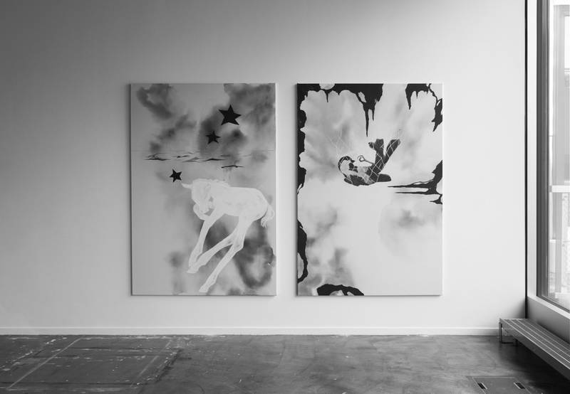 FLIMMERN, DRUCKSTELLE, SCHWER, ÜBRIG BLEIBT, AN DER ANGEL, ÜBER MIR, MORGENTAU, FAST GESAGT, VERGESSEN WAS 2025 Acryl auf Leinwand 190 x 130 cm, 190 x 130 cm