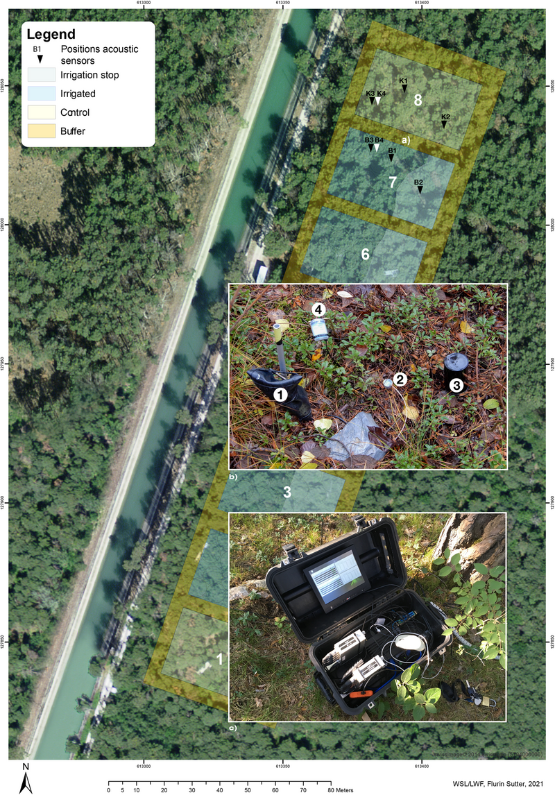 Position of the soil sensors in Pfynwald (canton VS) and used acoustic and microclimatic sensors. ©2019, WSL, swissimage