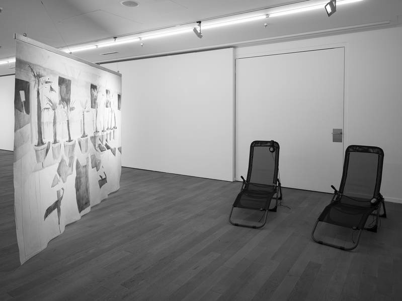 WE COME IN PEACE 2024 Installation, Acrylics and color pencil on Cotton, 211 x 302 cm, aluminum, two chairs, AI Voice Audio (06:57 min.)