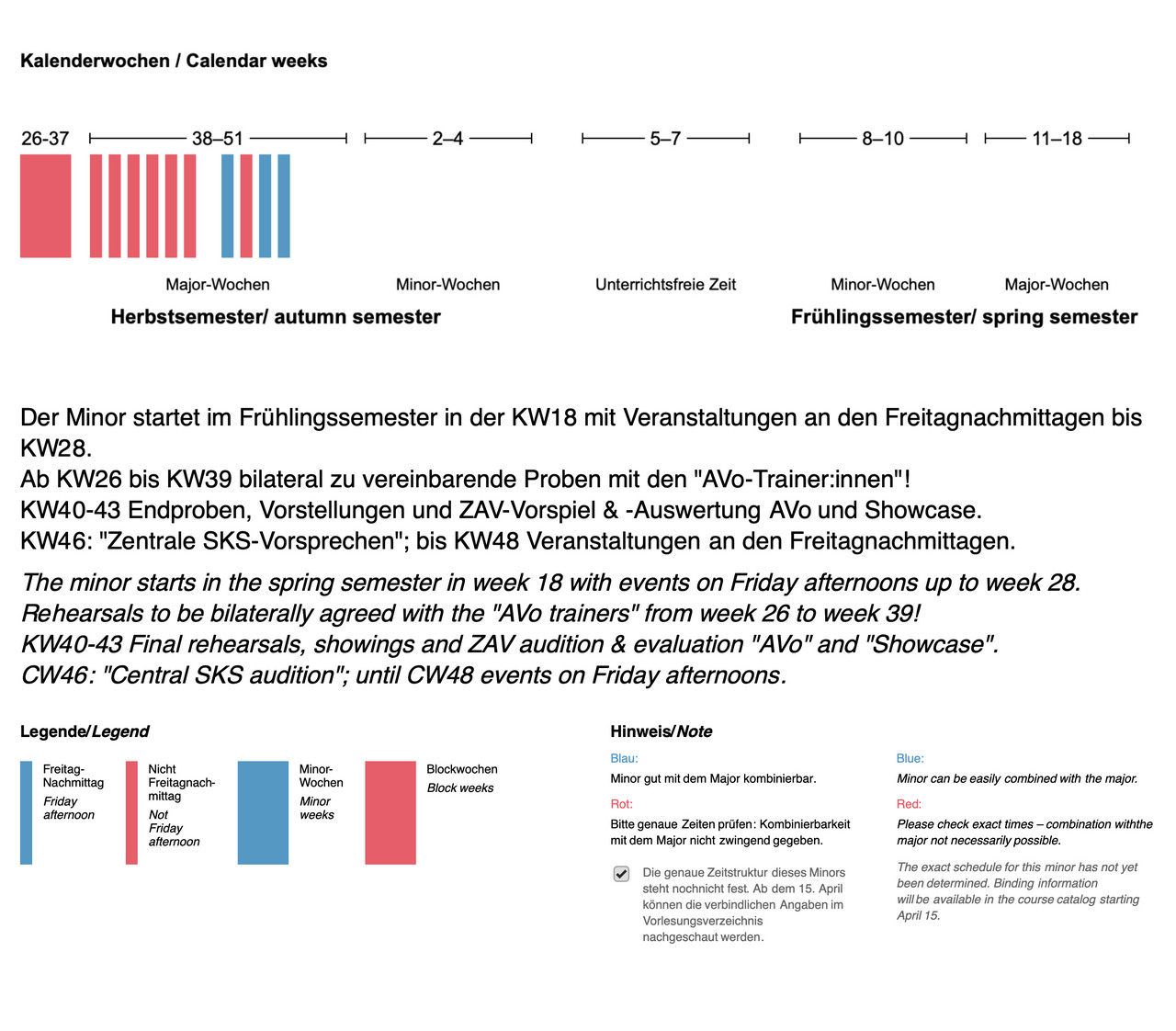 Der Minor findet zwischen KW 18 und 28 an Freitagnachmittagen statt. KW 26-39 individuelle Proben-Termine. KW 40-43 Blocktermine. KW 46-48 Freitagnachmittage