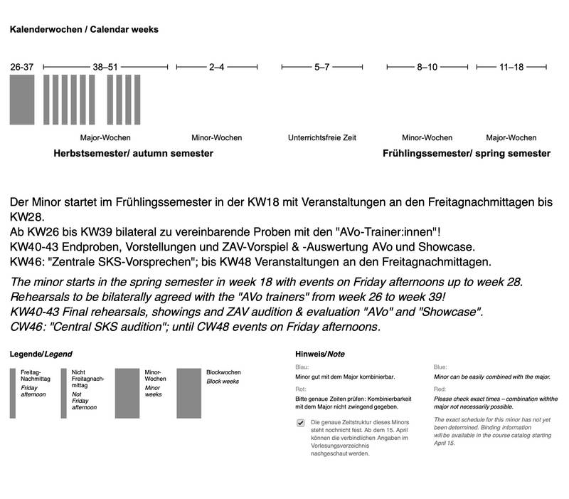 Der Minor findet zwischen KW 18 und 28 an Freitagnachmittagen statt. KW 26-39 individuelle Proben-Termine. KW 40-43 Blocktermine. KW 46-48 Freitagnachmittage