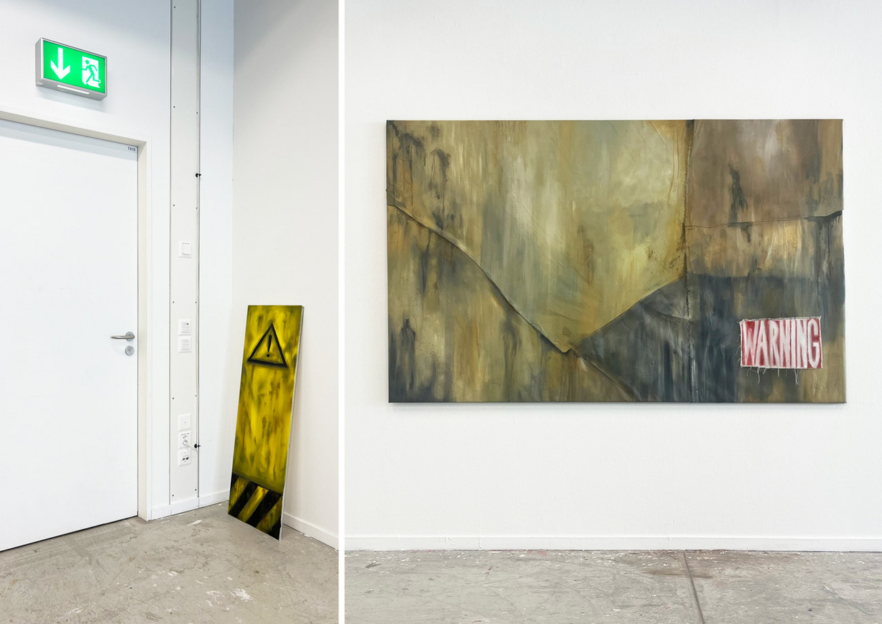 WARNING SIGN 2025 Öl auf Leinwand 120x40cm  WARNING 2025 Öl auf zusammen genähter Leinwand 130x210cm