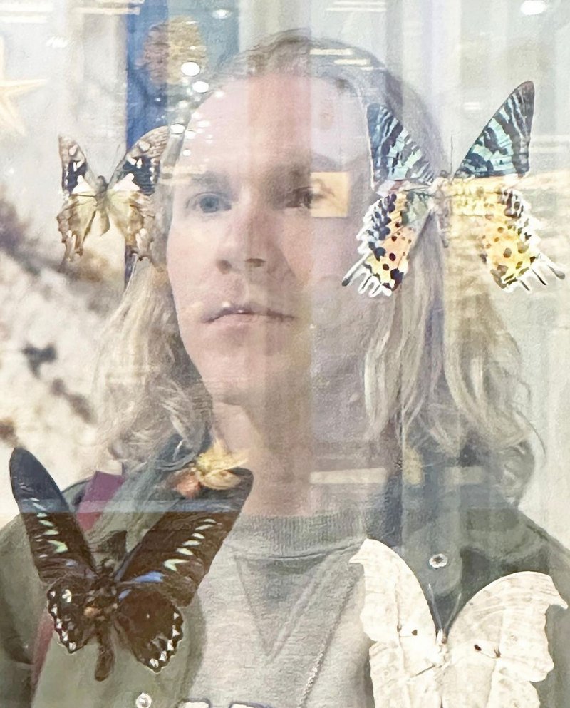 Portrait of the artist with a reflective surface and butterflies on the front.  Image credit: Galaxia Wang