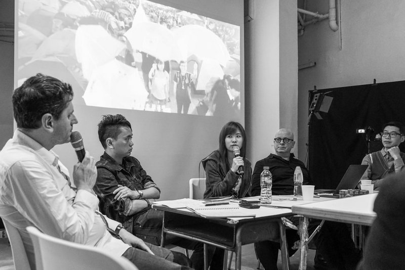 Key figure of Hong Kong’s Umbrella Movement_Isabella Lo (next to Maurice Benayoun) talking at the Workshop