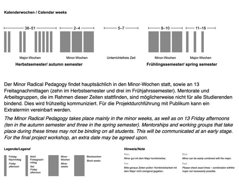 Der Minor findet ganztägig in den Minorwochen 2–4 und 8–10 sowie an 13 Freitagnachmittagen (10 im HS, 3 im FS) statt.