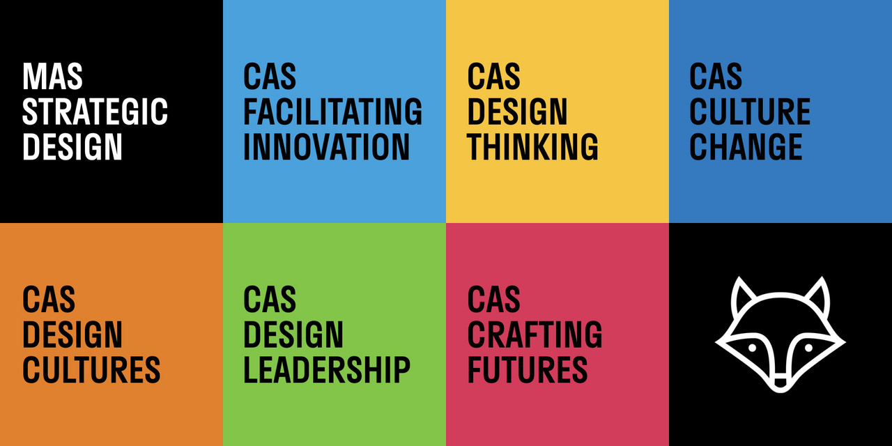 Die Grafik zeigt die Titel der sechs CAS-Programme im Portfolio des Weiterbildungsstudiengangs MAS Strategic Design an der ZHdK.