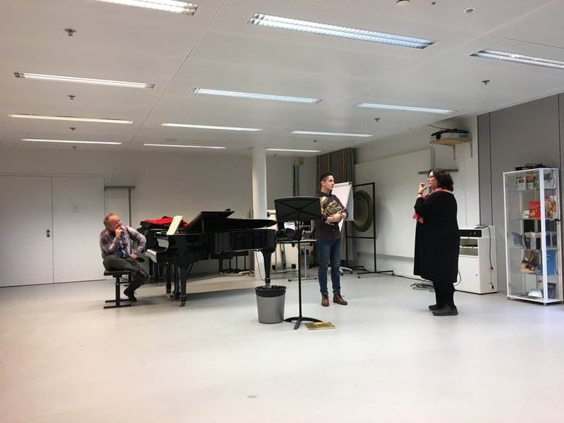 Prof. Erja Joukamo-Ampuja unterrichtet anlässlich ihres Besuches in Zürich an der ZHdK die Studierenden aus den Hornklassen. Foto: Mischa Greull