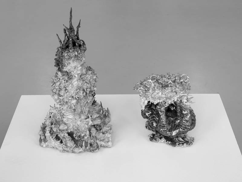 (left to right) Shellbound_II, 2025 Glazed ceramic, 30 x 20 x 18 cm Like a Wounded Organism Still Choosing to Flower, 2026 Glazed ceramic, 40 x 26 x 22 cm Dalmo, 2026 Glazed ceramic, 35 x 22 x 22 cm