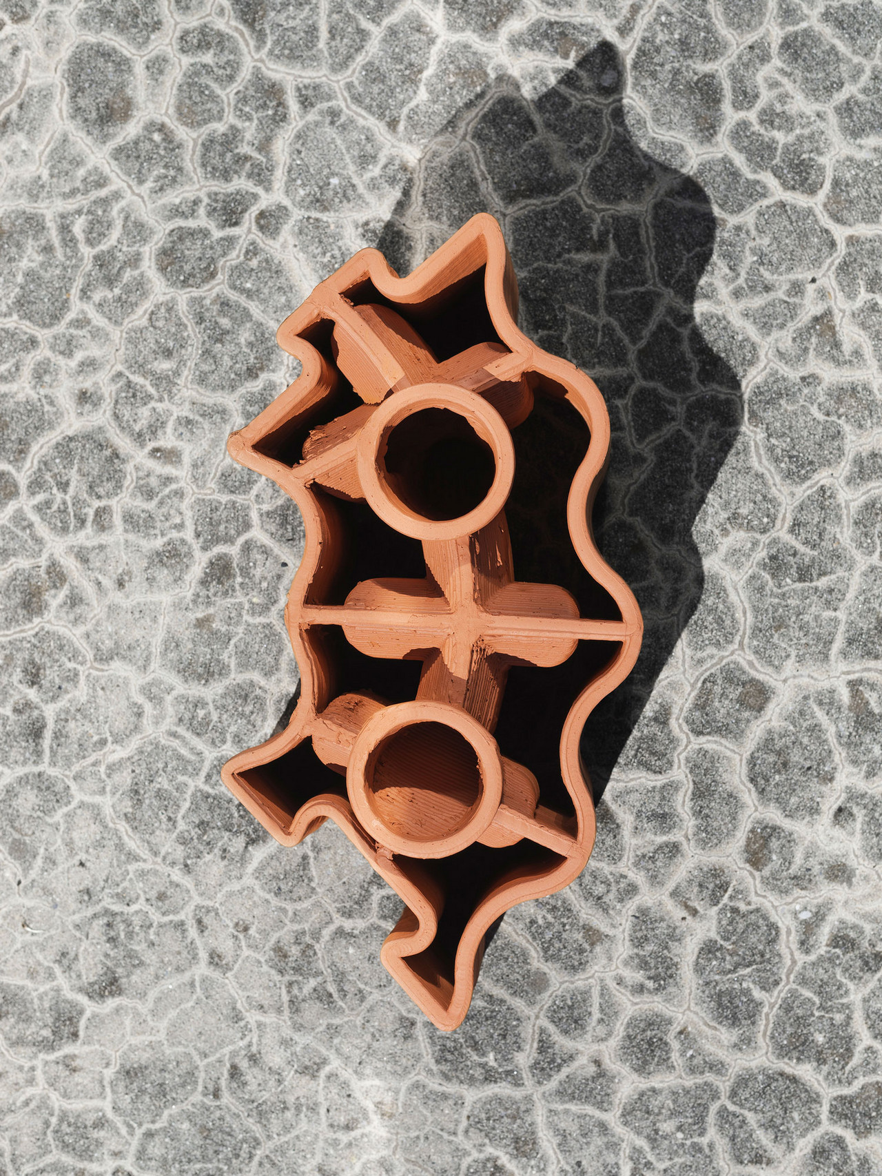 Ziegelstein von oben. Man erkennt die einzelnen Kammern und Trennwände.