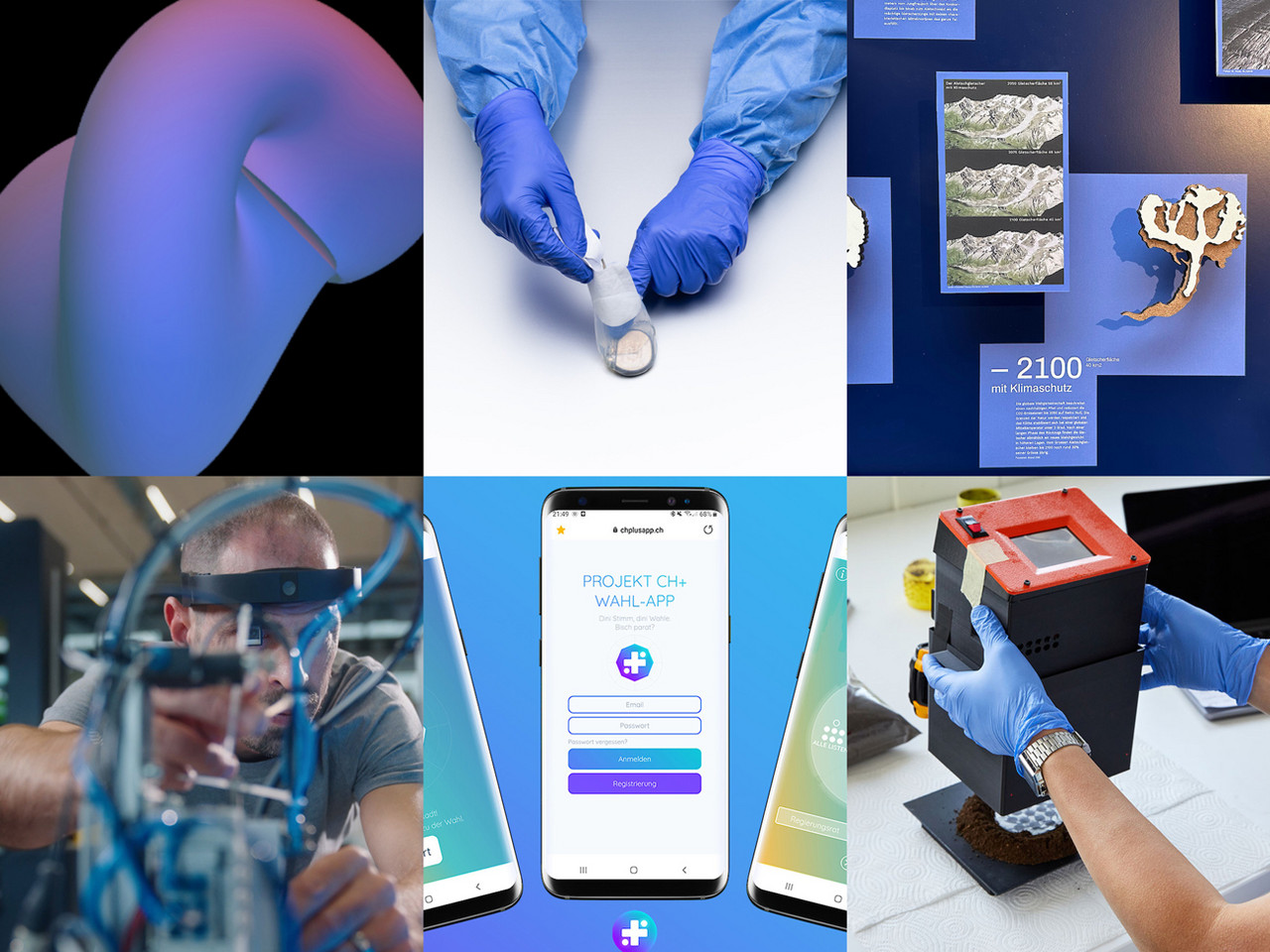 Potpourri verschiedener Forschungsprojekte von links oben nach rechts unten: «Heavy Mental», «3FOLD», «Expedition 2 Grad», «Digit Soil Membrane-Soil-Interface», «Project CH+», «Almer Connect».