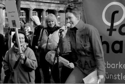 Mikala Hyldig Dal speaking on behalf of Maternal Fantasies at “fair share!” International Women’s Day demonstration in Berlin (2020)