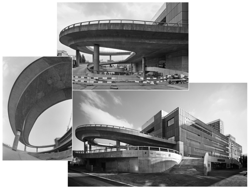Die ikonische Rampe im Wandel der Zeit: beim Bau der Toni-Molkerei 1974 (links © ETH Bildarchiv), während des Umbaus zum Toni-Areal 2013 (oben © ZHdK), bei der Eröffnung 2014 (unten © ZHdK)
