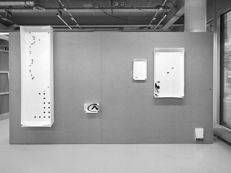 FAR AWAY OR HIDING 2025 Papier, Bleistift, Laserdruck, Nägel 45 x 30 x 5 cm  OUTFIT 2025 Papier, Bleistift, Nägel 110 x 65 x 10 cm  WITNESS 2025 Papier, Bleistift, Laserdruck, Klebeband, Nägel 26 x 16 x 3 cm