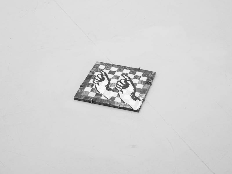 TOWEL RAIL 2024 Found object, engraved German silver 86 cm CHOCOLATE BOX AND A FORTUNE CARD 2024 Found objects 16 x 29 cm CHESSBOARD 2024 Found object, screen printing, acrylic paint. 29 x 29 cm FOUR IKEA WOODEN BOARDS AND A LANDSCAPE 2024 Found object, screen printing, acrylic paint. 22 x 85 cm
