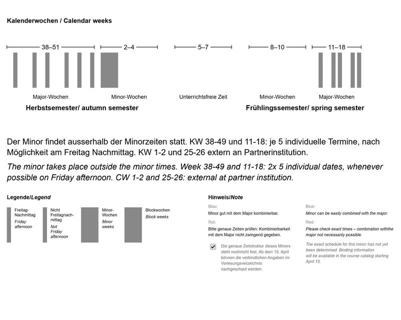 The minor takes place outside the minor times. Week 38–49 and 11–18: 2x5 individual dates, whenever possible on Friday afternoon. CW 1–2 and 25–26: external at partner institution