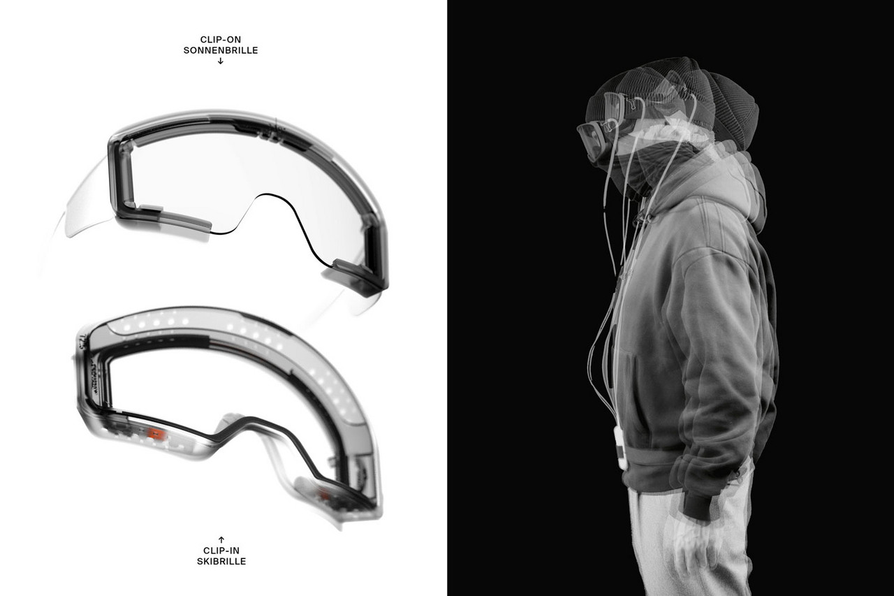 Links die Brille in Einzelbestandteilen. Rechts eine Aufnahme der Testperson, die den Kopf bewegt.