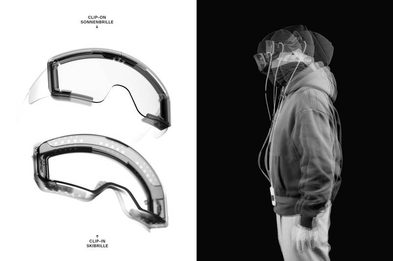 Links die Brille in Einzelbestandteilen. Rechts eine Aufnahme der Testperson, die den Kopf bewegt.