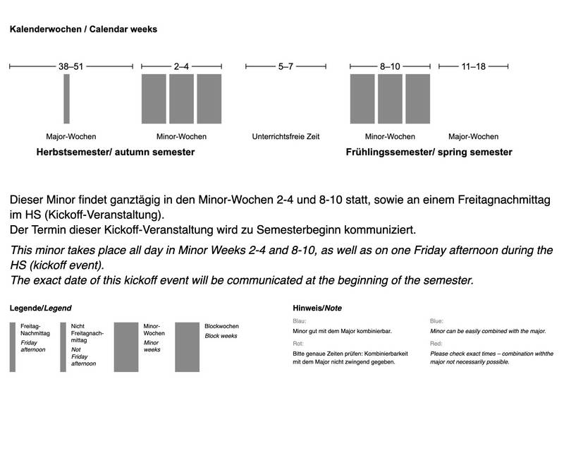Dieser Minor findet ganztägig in den Minorwochen 2–4 und 8–10 statt sowie an einem Freitagnachmittag im HS (Kickoff-Veranstaltung).