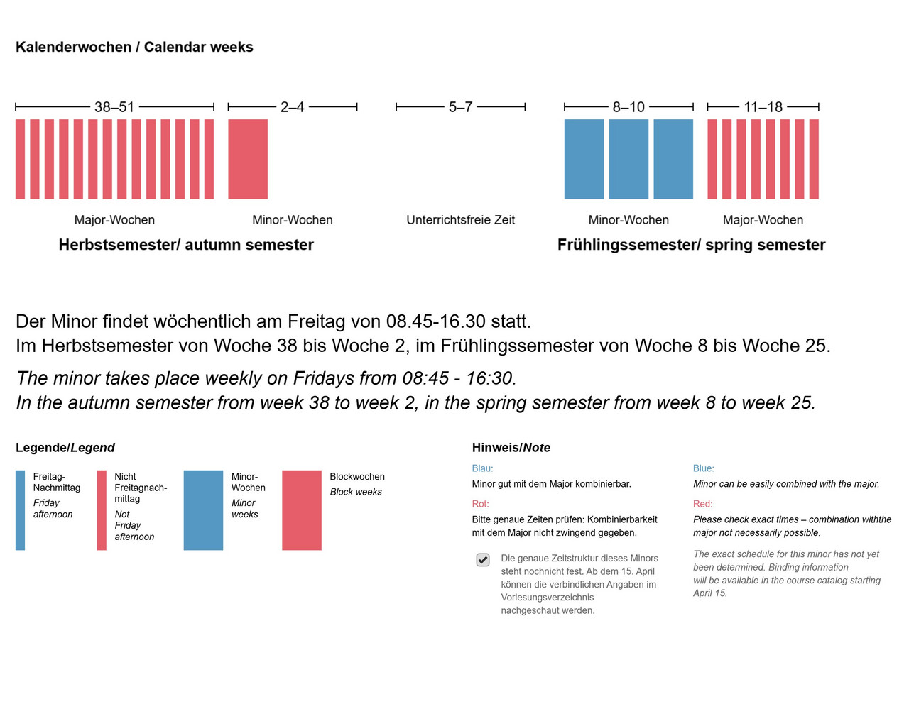 Der Minor findet wöchentlich am Freitag von 08.45 bis 16.30 Uhr statt. Im Herbstsemester von Woche 38 bis Woche 2, im Frühlingssemester von Woche 8 bis Woche 25.