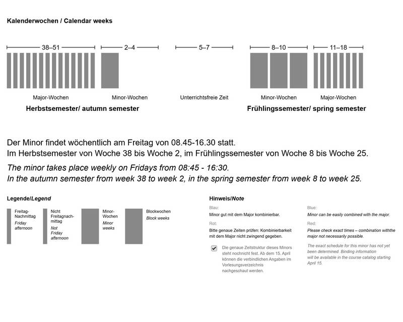 Der Minor findet wöchentlich am Freitag von 08.45 bis 16.30 Uhr statt. Im Herbstsemester von Woche 38 bis Woche 2, im Frühlingssemester von Woche 8 bis Woche 25.