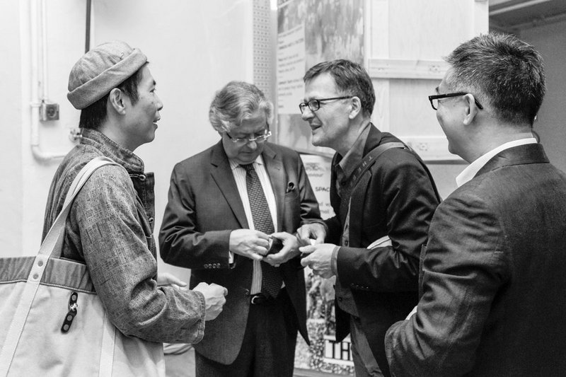Opening Scene: Douglas Young, Swiss Ambassador to China Jean-Jacques de Dardel, president of Zurich University of the Arts Thomas Meier and Co-Curator Desmond Hui at the Connecting Spaces kick-off event (from left to right)