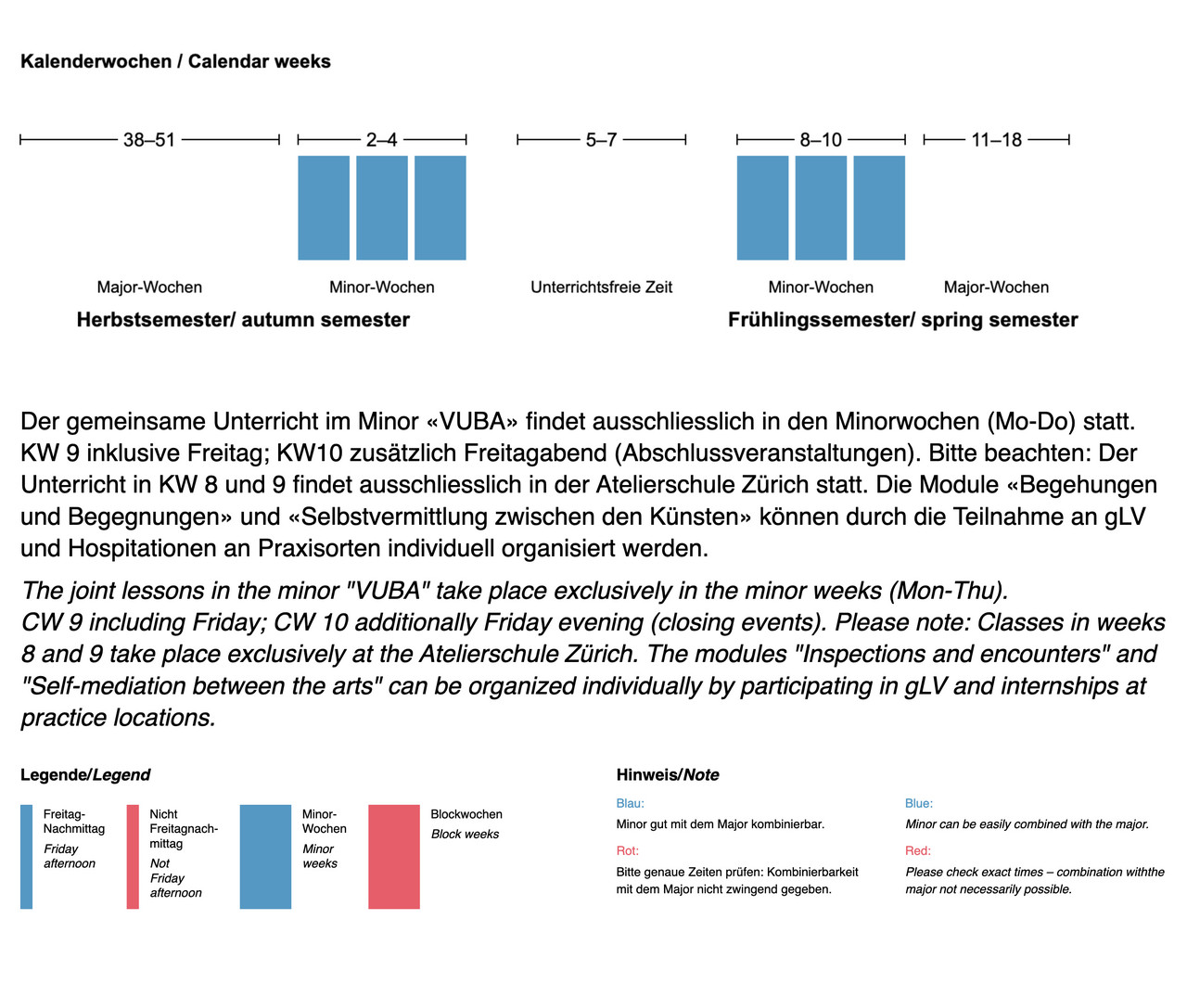 Der gemeinsame Unterricht findet ausschliesslich in den Minorwochen (Mo-Do) statt. KW 9 inklusive Freitag; KW10 zusätzlich Freitagabend (Abschlussveranstaltungen). Der gemeinsame Unterricht findet ausschliesslich in den Minorwochen (Mo-Do) statt. KW 9 inklusive Freitag; KW10 zusätzlich Freitagabend (Abschlussveranstaltungen).