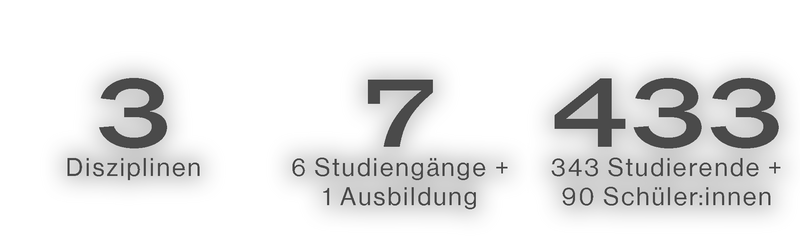 3 Disziplinen, 6 Studiengänge und eine Ausbildung, 343 Studierende und 90 Schüler:innen