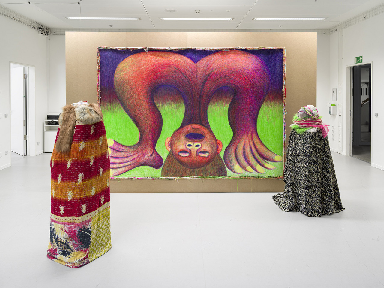 HELL OF MINE 2023 Farbstift auf Papier 280 x 196 cm  HE WILL FOLLOW YOU WITH HIS EYES 2025 Glasierte Keramik, handgestrickte Kordel, Fell, Kunstfell, Textil 140 x 45 x 45 cm  DIDI AND BIBI 2025 Glasierte Keramik, handgestrickte Kordel, Fell, Kunstfell, Textil 135 x 45 x 45 cm  MERMAID IN A MANHOLE 2025 Glasierte Keramik, handgestrickte Kordel, Fell, Kunstfell, Textil 133 x 105 x 50 cm  DUDU'S DEMON 2025 ​​​​​​​Glasierte Keramik, handgestrickte Mohairstrümpfe, handgemachter Baumwoll-Gagball, Bänder, Nagellack 7 x 7 x 15 cm