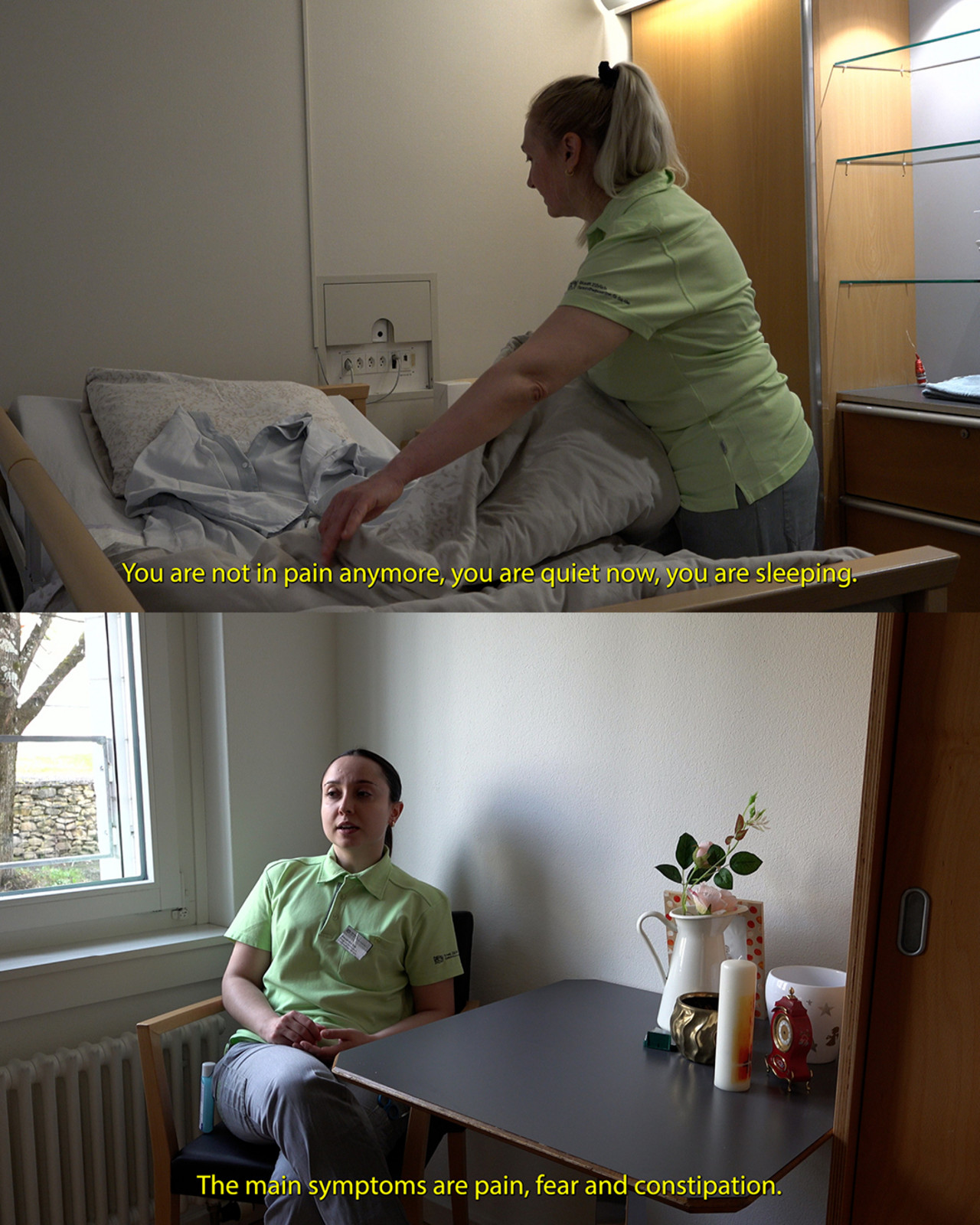 ICH VERSUCHE MEINE ATMUNG ZU ERLEICHTERN 2024 Video-Installation mit Pflegemobiliar, HD Video mit Ton, 3 Kanäle, Loop, Farbe, 1h 0’ 42’’ Mit Alexandra Vaz, Sharifa Mohamed, Gabriela Popa, Lisbeth Siegried, Matthias Staub, Daniel Zimmermann