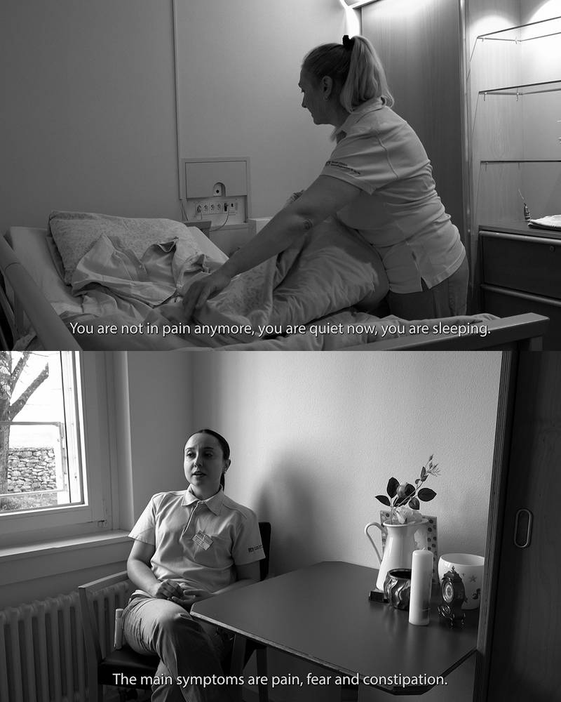 ICH VERSUCHE MEINE ATMUNG ZU ERLEICHTERN 2024 Video-Installation mit Pflegemobiliar, HD Video mit Ton, 3 Kanäle, Loop, Farbe, 1h 0’ 42’’ Mit Alexandra Vaz, Sharifa Mohamed, Gabriela Popa, Lisbeth Siegried, Matthias Staub, Daniel Zimmermann