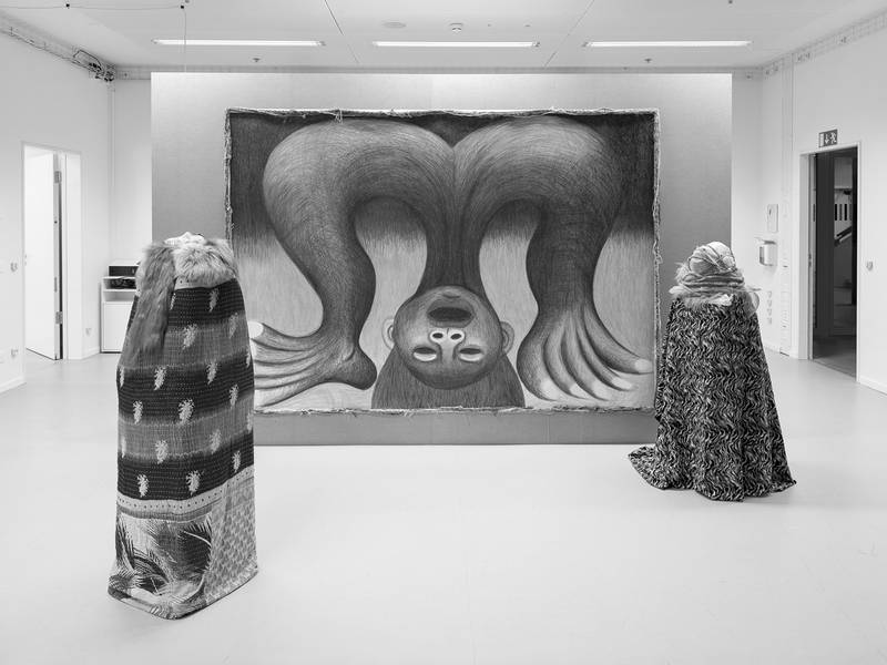 HELL OF MINE 2023 Farbstift auf Papier 280 x 196 cm  HE WILL FOLLOW YOU WITH HIS EYES 2025 Glasierte Keramik, handgestrickte Kordel, Fell, Kunstfell, Textil 140 x 45 x 45 cm  DIDI AND BIBI 2025 Glasierte Keramik, handgestrickte Kordel, Fell, Kunstfell, Textil 135 x 45 x 45 cm  MERMAID IN A MANHOLE 2025 Glasierte Keramik, handgestrickte Kordel, Fell, Kunstfell, Textil 133 x 105 x 50 cm  DUDU'S DEMON 2025 ​​​​​​​Glasierte Keramik, handgestrickte Mohairstrümpfe, handgemachter Baumwoll-Gagball, Bänder, Nagellack 7 x 7 x 15 cm