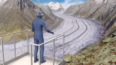 In der Ausstellung «Expedition 2 Grad» können virtuelle Szenarien der künftigen Gletscher von einer sicheren Plattform aus betrachtet werden. Bild: © ZHdK