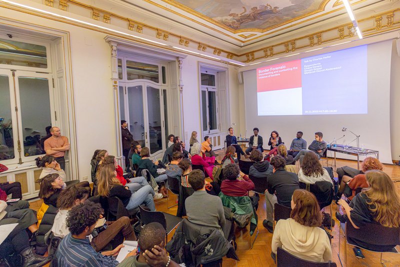 Discussing the critical forensic practice presented by Charles Heller at the event No One Is An Island, Istituto Svizzero, September 2023 (Photo: Davide Palmieri).