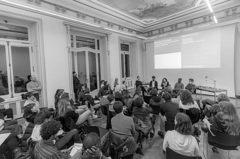Discussing the critical forensic practice presented by Charles Heller at the event No One Is An Island, Istituto Svizzero, September 2023 (Photo: Davide Palmieri).