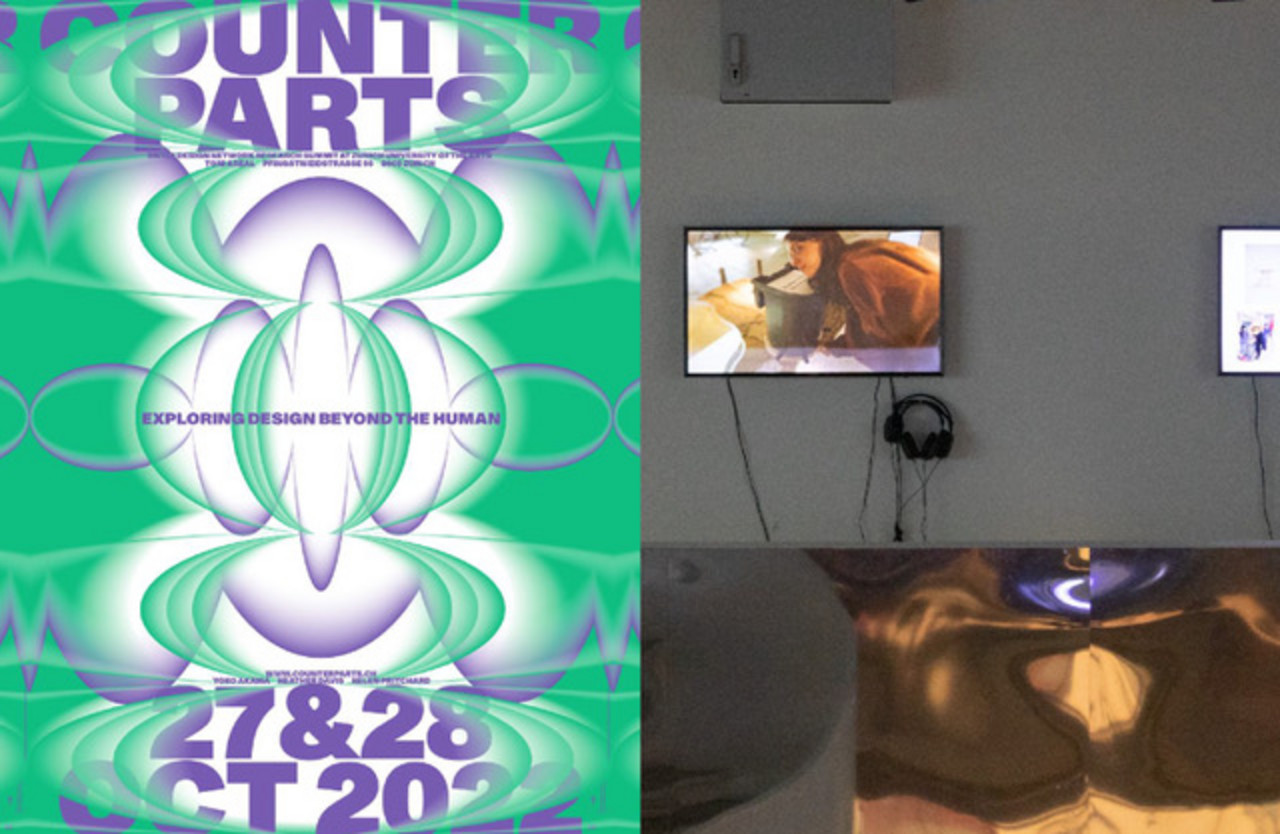 «Counter Parts» Left: Poster, BA Visual Communication students: Ladina Dörig, Emma Kouassi, Nicolai Jaron Krager and Severin Weber / Right: Exhibition situation, photography by Maria Peskina