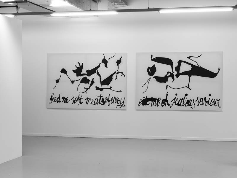 FEED ME SOFT MEATS OF ENVY 2024 Öl und Acryl auf Leinwand 140 x 200cm ​​​​​​​EAT ME OH JEALOUS SAVIOUR 2024 Öl und Acryl auf Leinwand 140 x 200cm