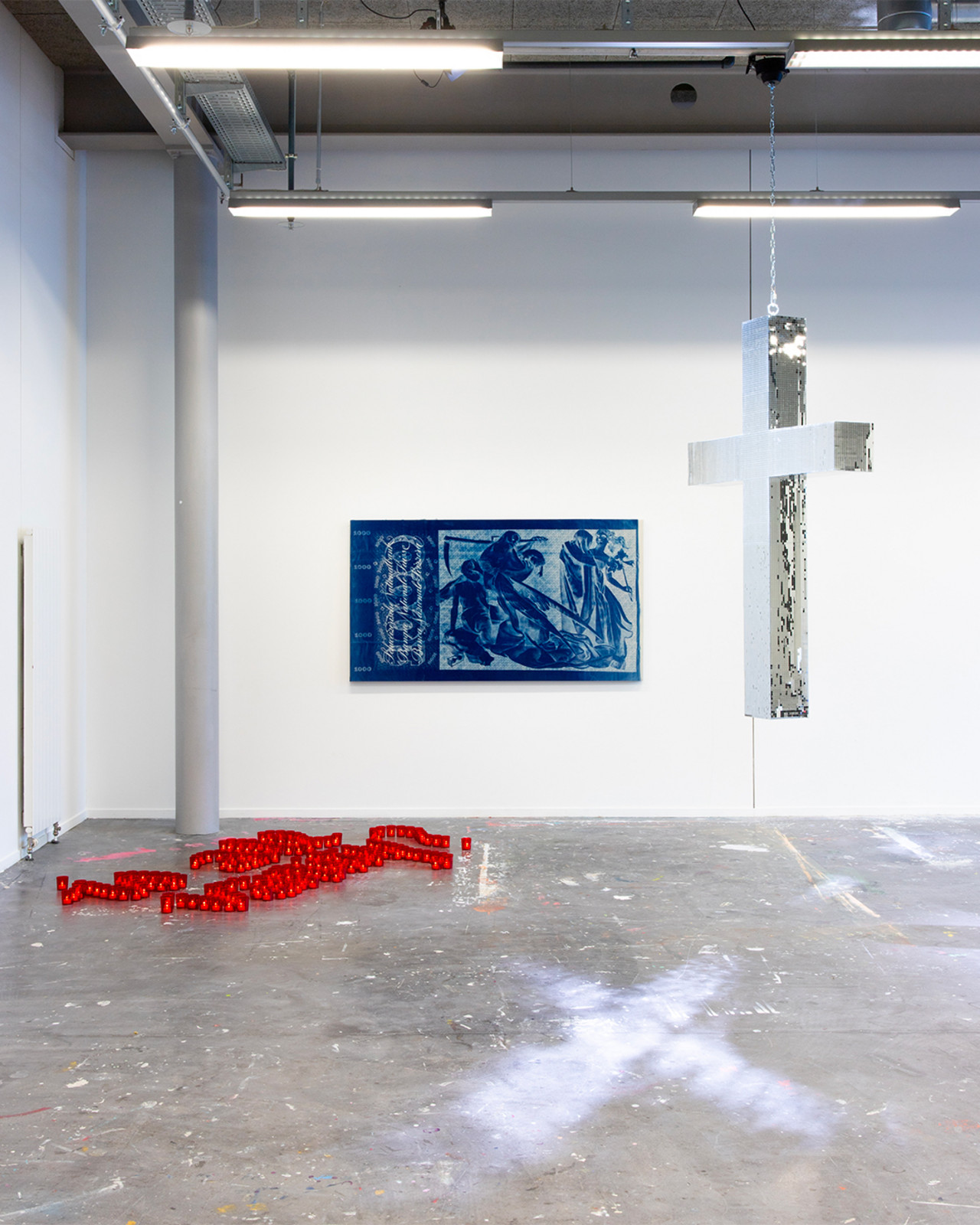 IS ALL VANITY? 2025 LED candles, plastic cups Variable Dimensionen  13E SALAIRE 2025 Cyanotopie auf Leinwand 110 x 200 cm  SATURDAY NIGHT OR SUNDAY MORNING 2025 Spiegel, XPS, Stahl, Holz, Rotationsmotor 180 x 115 x 20 cm
