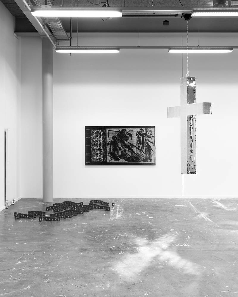 IS ALL VANITY? 2025 LED candles, plastic cups Variable Dimensionen  13E SALAIRE 2025 Cyanotopie auf Leinwand 110 x 200 cm  SATURDAY NIGHT OR SUNDAY MORNING 2025 Spiegel, XPS, Stahl, Holz, Rotationsmotor 180 x 115 x 20 cm